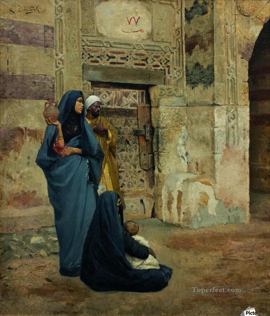 A family at the door near entrance Ludwig Deutsch Orientalism Araber Oil Paintings